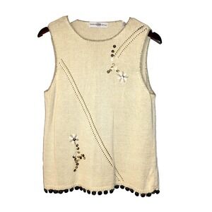 Marissa Christina Knit Linen/Cotton Cream Sleeveless Sweater Button Design Large